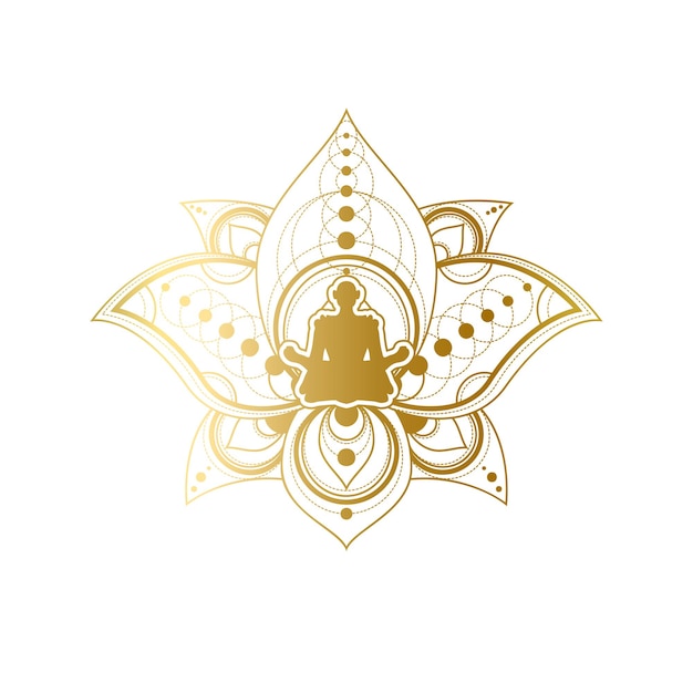 Vector diseño de etiquetas de yoga y meditación, silueta femenina en plantilla de postura de loto dorado. salón de belleza o centro de spa de relajación emblema o elemento de marca ilustración vectorial