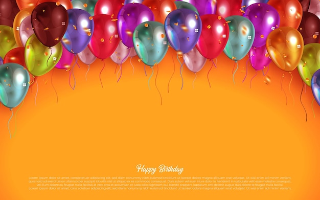 Vector diseño de tarjeta de felicitación de vector de texto de feliz cumpleaños con globos de colores y confeti