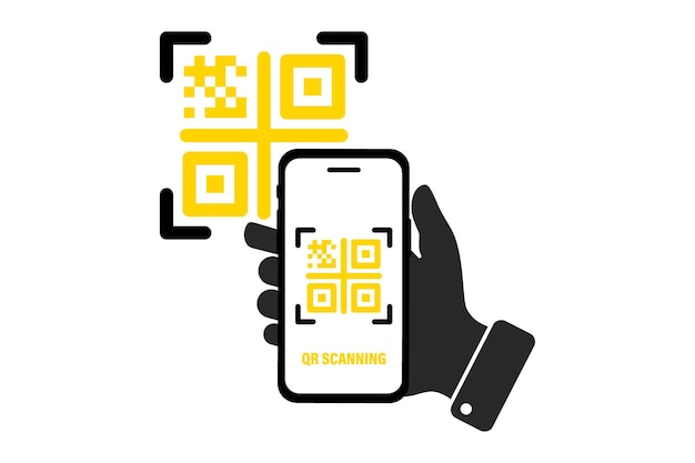 Vector escaneo de código qr con el código qr de teléfono inteligente móvil para el concepto de tecnología sin efectivo de billetera electrónica de pago