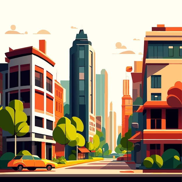 Vector escena de un hermoso paisaje urbano con una tienda de construcción alta y una calle con un parque
