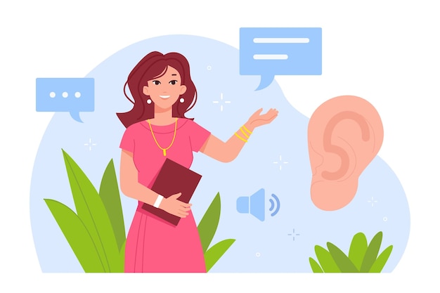 Vector escucha activa capacidad de escucha comunicación líder de trabajo orador focación en el habla comunicar sonido concepto de empatía mujer aprender conversación verbal con orejas ilustración vectorial de signos