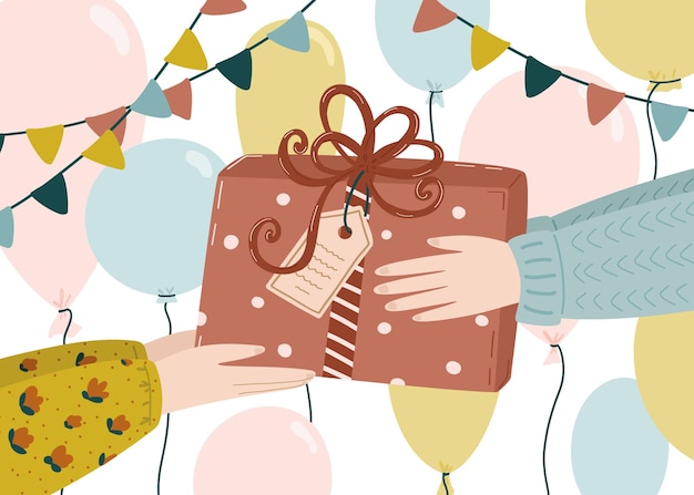 Vector fondo festivo con caja de regalo en mano globos azules, rosas y amarillos, guirnaldas. concepto de vacaciones, felicitaciones. linda ilustración de feliz cumpleaños en estilo plano. vector