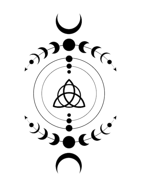 Vector fases lunares místicas borde de marco wicca triquetra geometría sagrada logo wiccan triple diosa