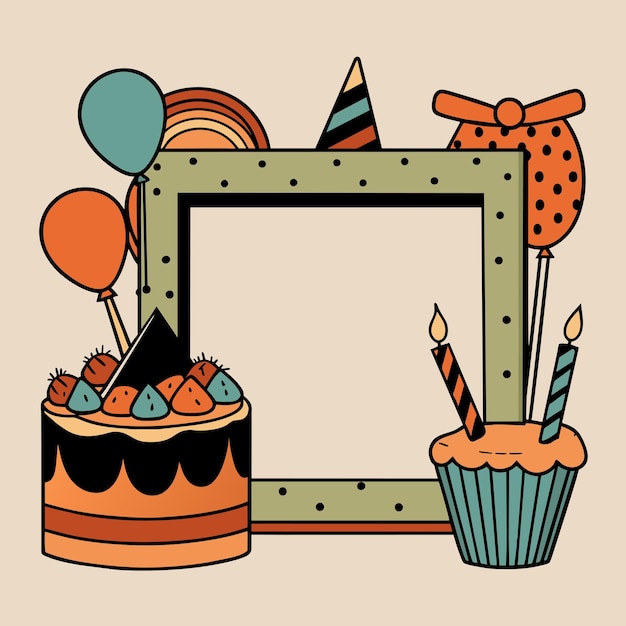 Vector feliz cumpleaños fondo con globos tapa de pastel y marco de fotos dibujo a mano pegatina concepto de icono