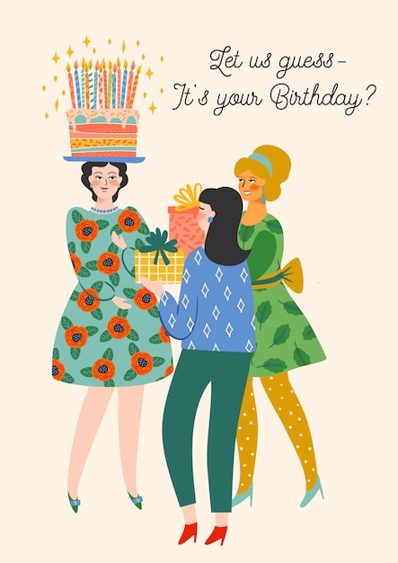 Vector feliz cumpleaños. ilustración de vector de mujeres lindas.