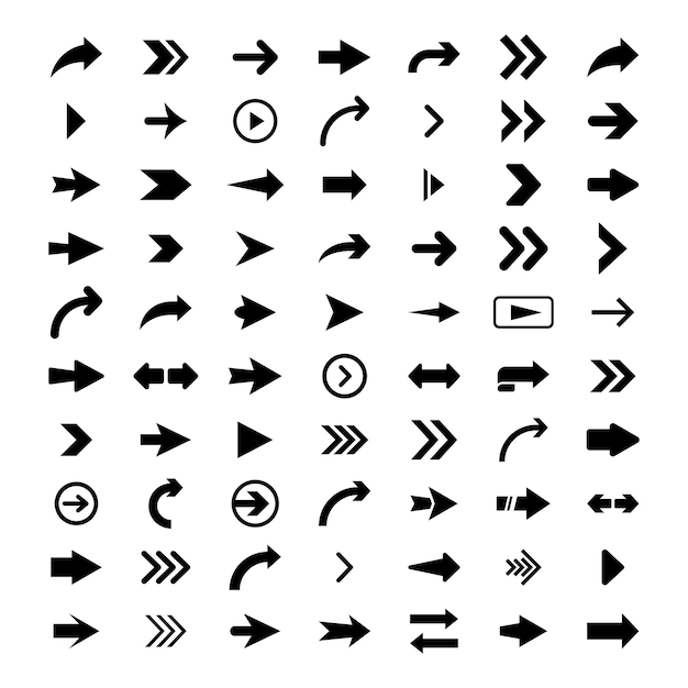 Vector flechas de gran conjunto de iconos planos negros, símbolos, signos. icono de flecha. colección de vectores para diseño web, diseño de interfaces, interfaz de usuario, aplicaciones, software y más.
