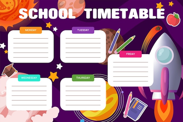Vector horario escolar horario para niños plantilla de plan de estudiante en papel a cuadros con iconos escolares lineales
