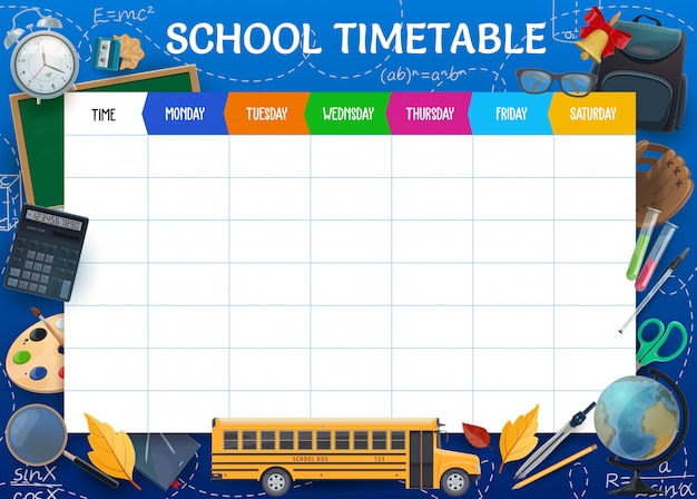 Vector horario escolar, plantilla de horario de alumno semanal