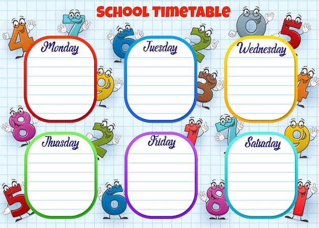 Vector horario escolar semana calendario números de dibujos animados