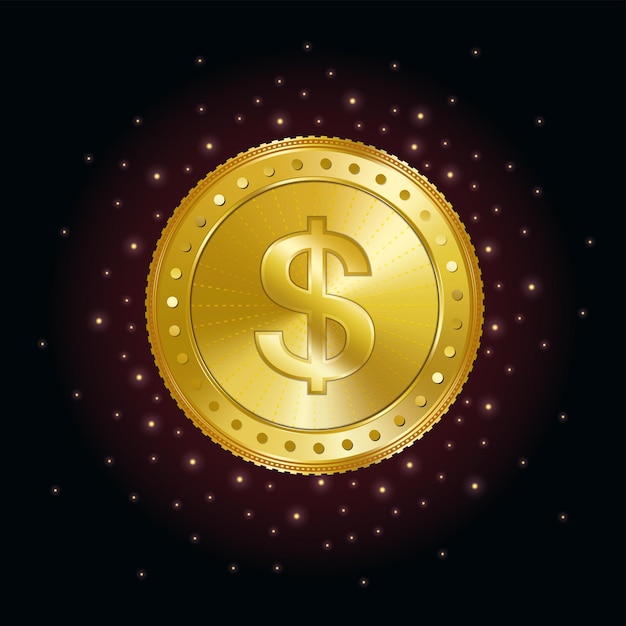 Vector hermosa moneda de oro con un signo de dólar en un fondo oscuro