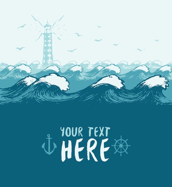 Vector hermoso fondo de ondas azules dibujadas a mano, estandarte marino de verano con lugar para tu texto