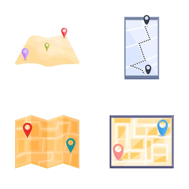 Vector los iconos del concepto de navegación se establecen en el vector de dibujos animados del mapa de navegación gps en la pantalla del dispositivo