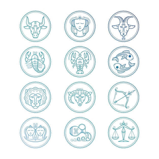 Vector iconos de línea conjunto de signos del zodiaco. coloridos emblemas del horóscopo