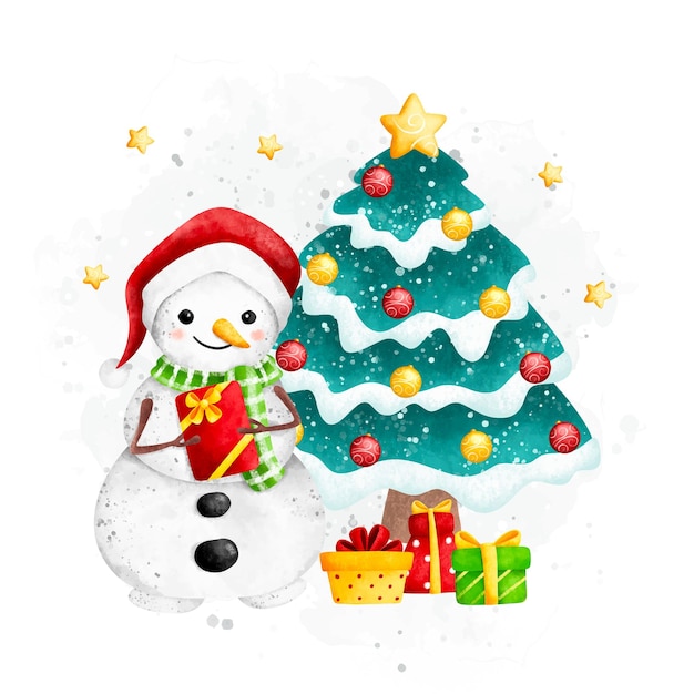 Ilustración acuarela Muñeco de nieve y árbol de Navidad con adornos navideños