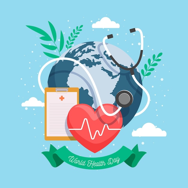 Vector ilustración del día mundial de la salud con planeta y corazón