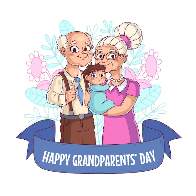 Vector ilustración dibujada a mano del día de los abuelos con abuelos y nietos