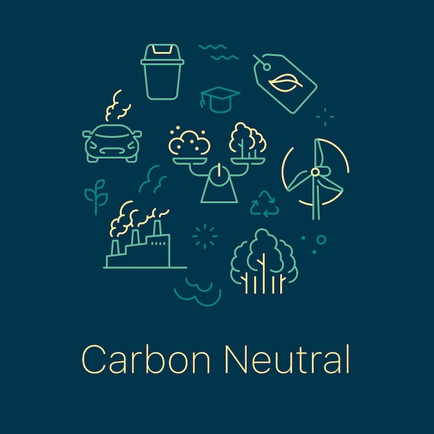 Ilustración de vector de concepto neutral de carbono Diseño de fondo oscuro de estilo de arte de línea