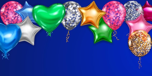 Vector ilustración de vector con globos de helio de colores voladores en varias formas y colores sobre fondo azul