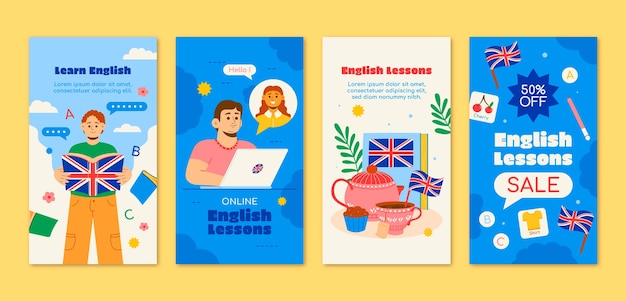Vector lecciones de inglés dibujadas a mano en las historias de instagram