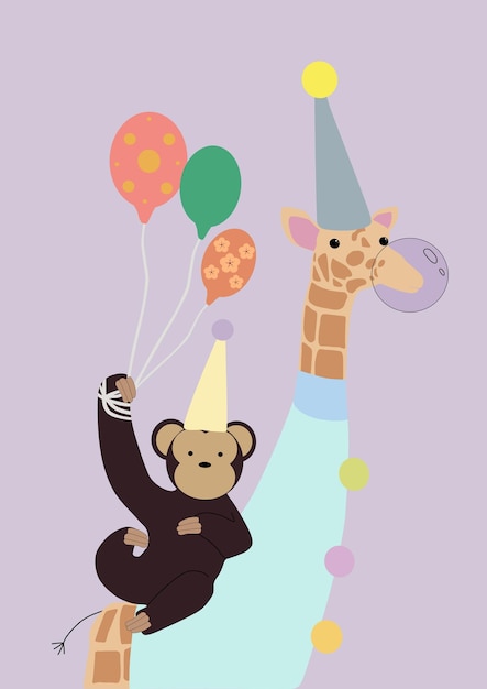 Vector mono y jirafa. con globos. un cartel divertido para un cumpleaños, unas vacaciones. una tarjeta navideña