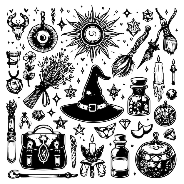 Vector magia bruja conjunto de artículos de brujería colección de magia bruja y equipo esotérico vector