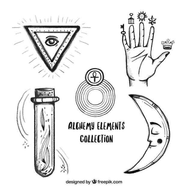 Vector mano y símbolos de alquimia dibujados a mano