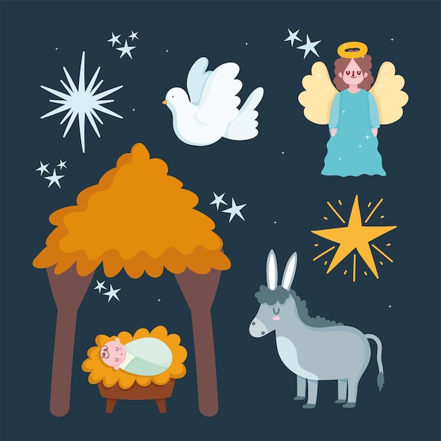Natividad, pesebre bebé Jesús cabaña burro ángel y estrella ilustración de dibujos animados