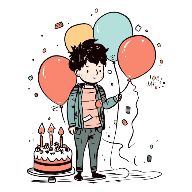 Vector niño lindo con pastel de cumpleaños y globos ilustración vectorial dibujada a mano
