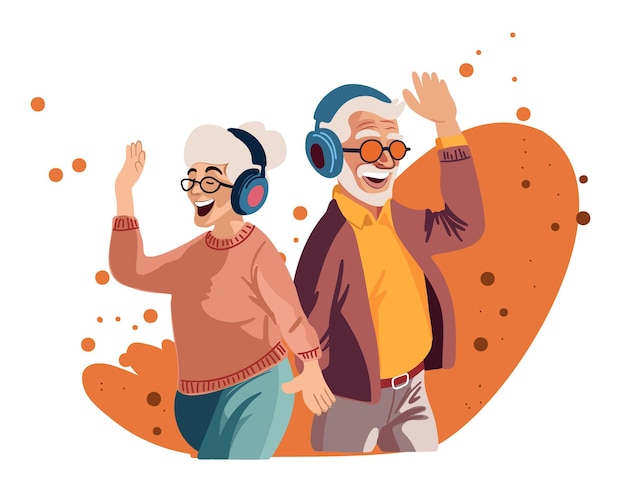 Vector sonrientes y felices ancianos o ancianas hombre y mujer con auriculares escuchando música terapia musical vect