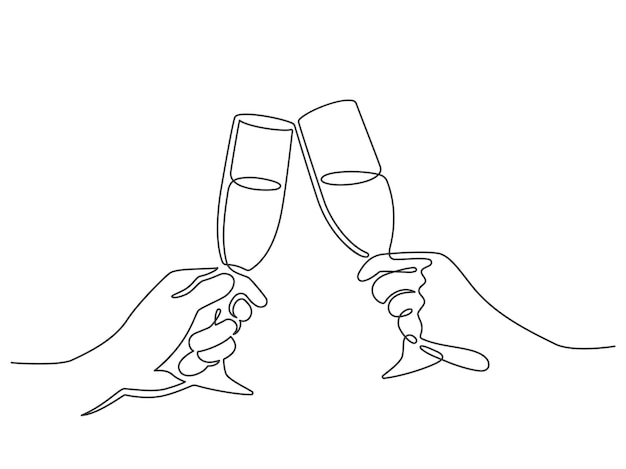 Vector saludos de champán en línea continua. manos brindando con copas de vino con bebidas. las personas lineales celebran la navidad o el vector de cumpleaños. ilustración dibujo continuo champán, brindis de bebida de alcohol