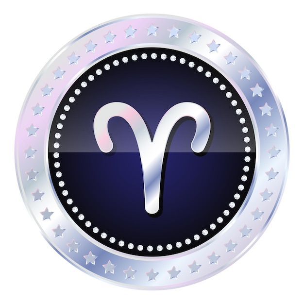 Vector signo del horóscopo zodiaco aries en marco redondo plateado