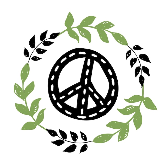 Vector signo de símbolo del día internacional de la paz con hojas florales y ramas signo pacifista hippie aislado