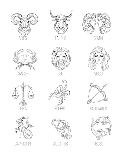 Vector signos de astrología, símbolos de contorno del zodíaco. ilustración de conjunto de vectores