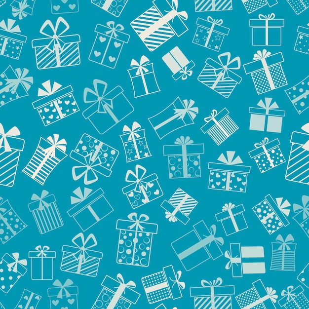 Vector patrón sin costuras de cajas de regalo con lazos y diferentes patrones blancos sobre fondo azul.