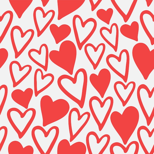 Vector patrón sin fisuras de corazones rojos. tema de amor de san valentín, vector dibujado a mano ilustración