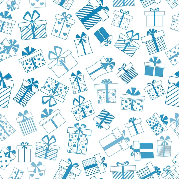 Vector patrón sin fisuras de cajas de regalo con lazos y diferentes patrones azul sobre fondo blanco.