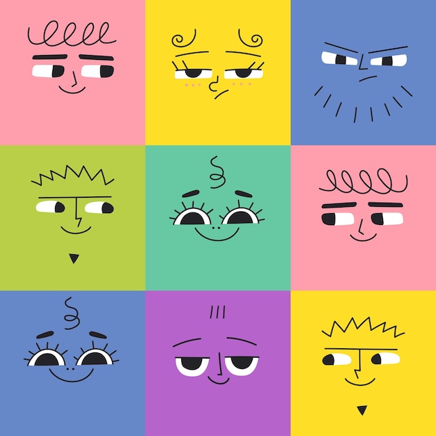 Vector patrón sin fisuras con personajes divertidos cuadrados con diferentes emociones de cara avatares modernos de colourfu