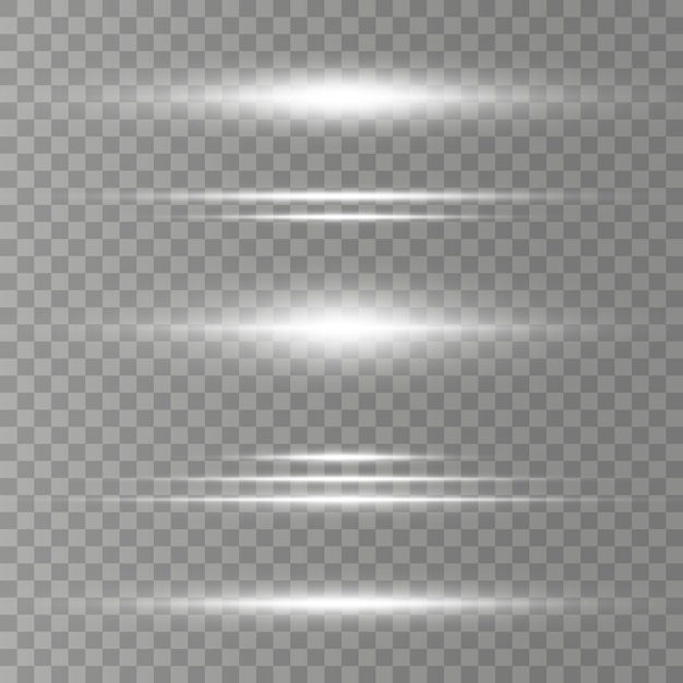 Vector paquete de destellos de lentes horizontales, rayos láser. rayos de luz. línea luminosa sobre fondo transparente.