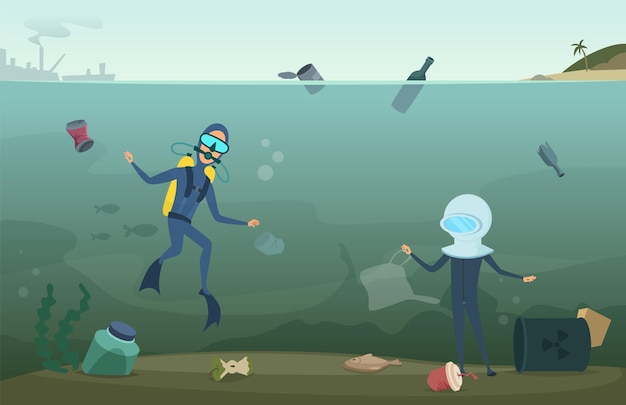 Vector problemas ecológicos contaminación del agua los buceadores en el océano recogen residuos catástrofe ecológica basura en la ilustración de vectores marinos