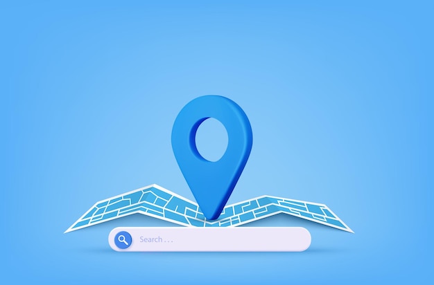 Vector puntero de pin de representación 3d y búsqueda de ubicación de mapa concepto de navegación de viaje gps o tecnología de barra de búsqueda de internet sitio web de banner de mapa de papel ilustración vectorial