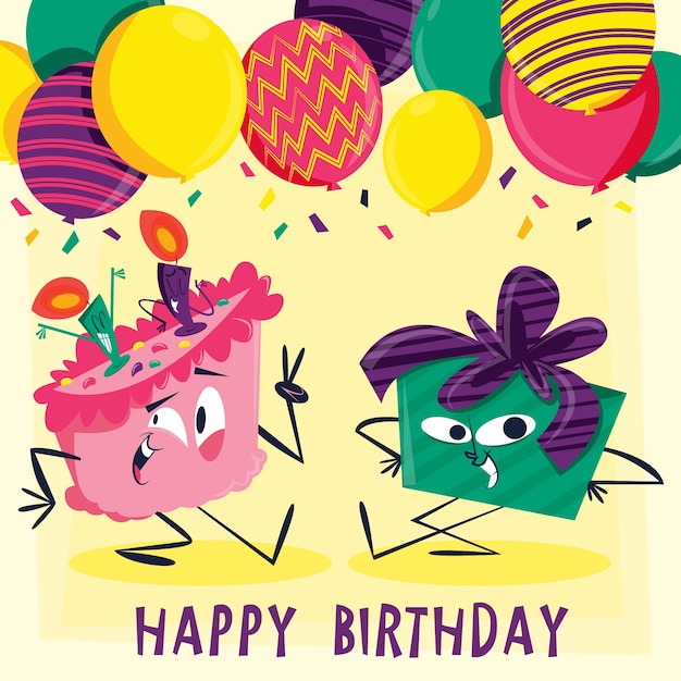 Vector tarjeta de cumpleaños con personajes divertidos ilustrados