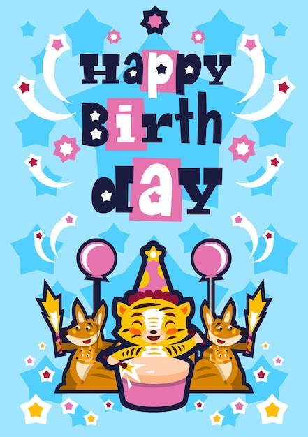 Vector tarjeta de felicitación feliz cumpleaños diseñado para imprimir invitaciones deseos lion drumming kangaroo y su bebé squib globo explosión fuegos artificiales estrellas fondo azul ilustración vectorial