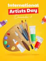 Vecteur gratuit affiche de la journée internationale des artistes avec des pinceaux de palette de couleurs et des tubes de peinture illustration vectorielle réaliste