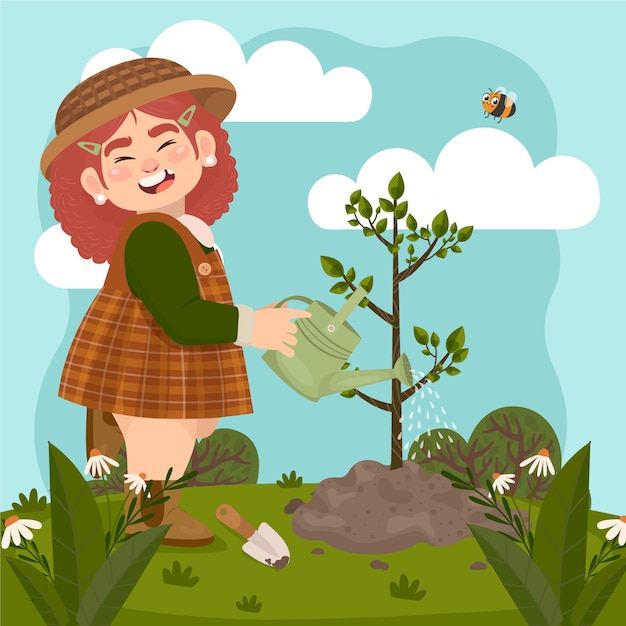 Vecteur gratuit arbre de plantation de femme dessinée à la main illustré