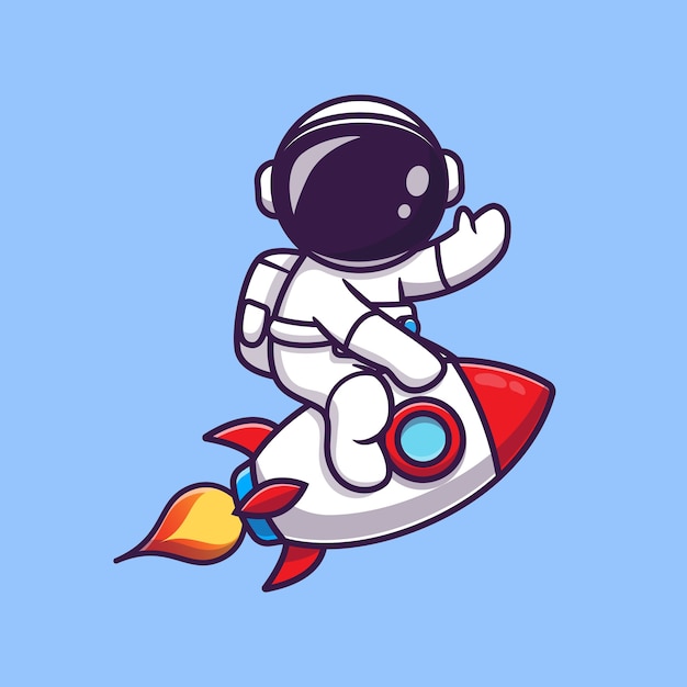 Astronaute mignon équitation fusée et agitant l'illustration de l'icône de dessin animé de main. Concept d & # 39; icône de technologie scientifique