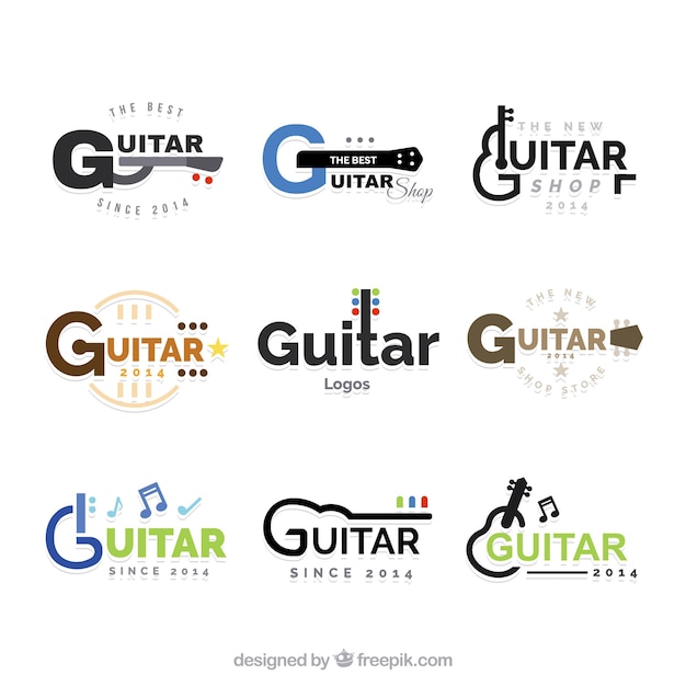 Vecteur gratuit une grande collection de logos de guitare avec des éléments de couleur
