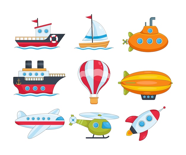 Vecteur gratuit ensemble d'illustrations vectorielles de transport maritime et aérien différentes. collection de dessins animés de bateau, avion volant, hélicoptère, vaisseau spatial, dirigeable isolé sur fond blanc. notion de transport