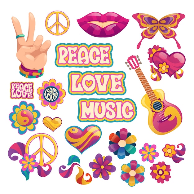 Vecteur gratuit Éléments hippie avec lettrage de paix, d'amour et de musique