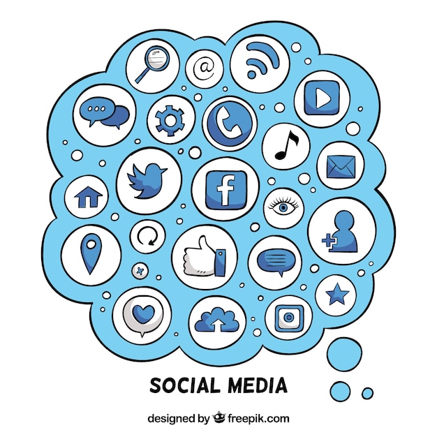 Vecteur gratuit Éléments de médias sociaux dans une forme de nuage avec des icônes