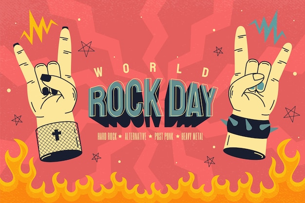 Vecteur gratuit fond plat de la journée mondiale du rock avec des mains montrant des signes de rock and roll